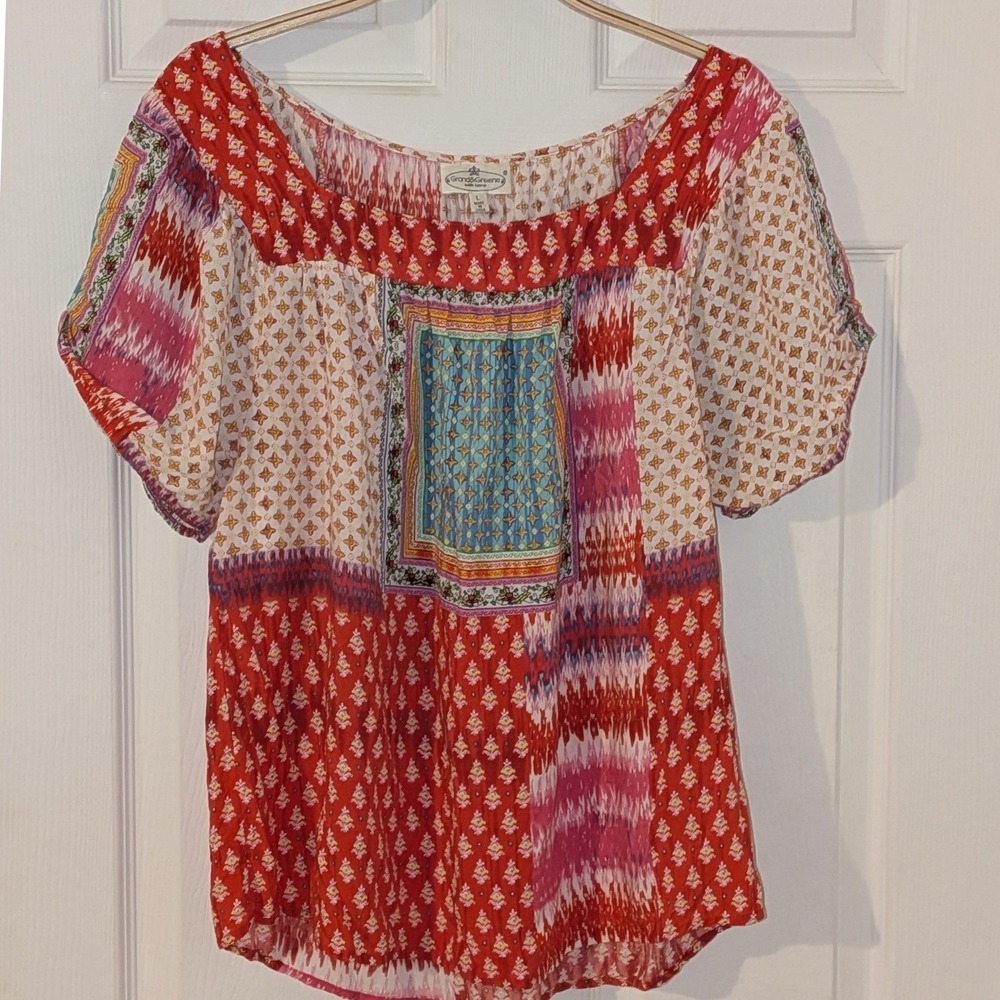 Grand & Greene Boho Patchwork Ikat Rayon Scoop Neck Blouse Red Pink Large